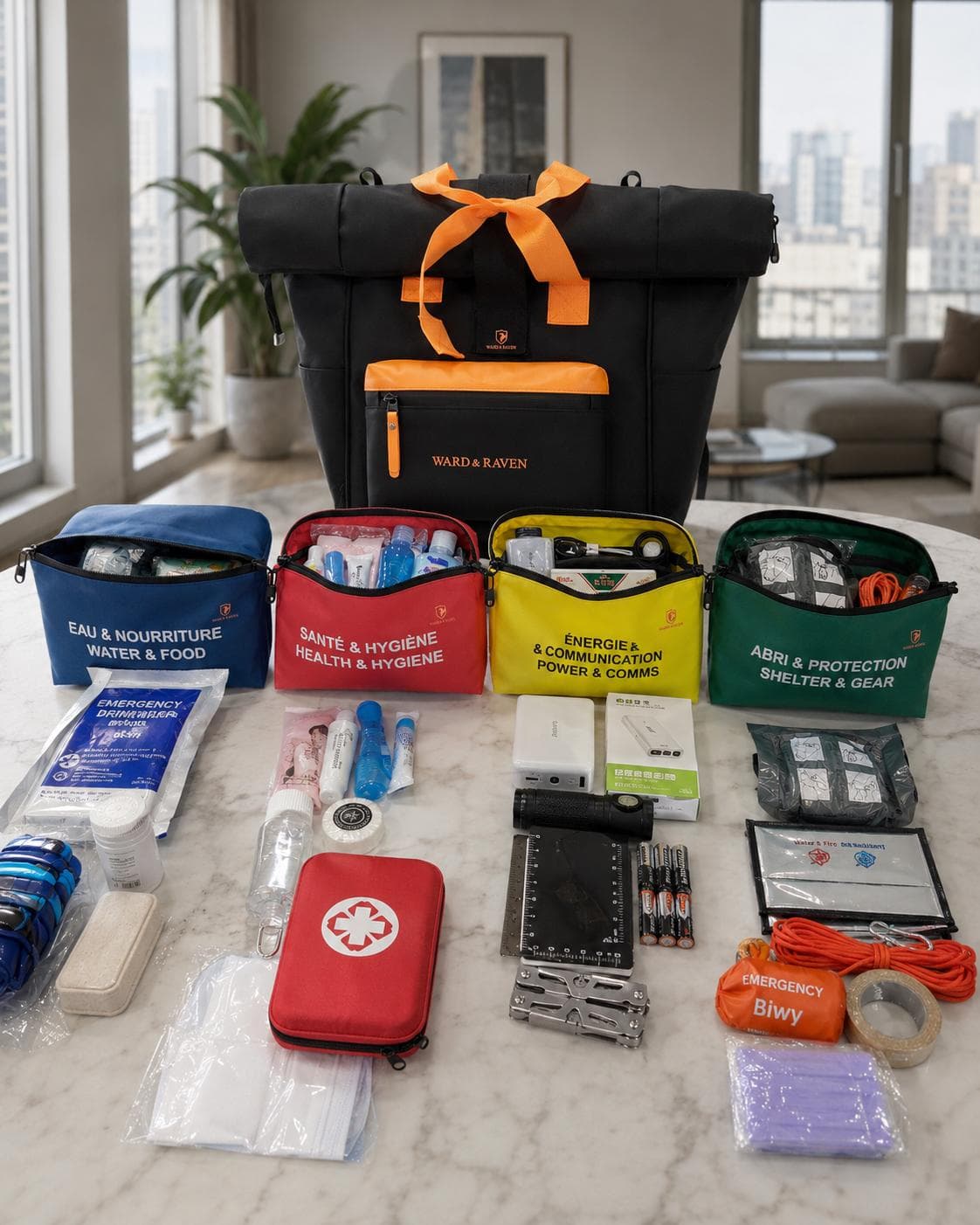 GoBag Ward & Raven avec les pods ouverts et les équipements disposés